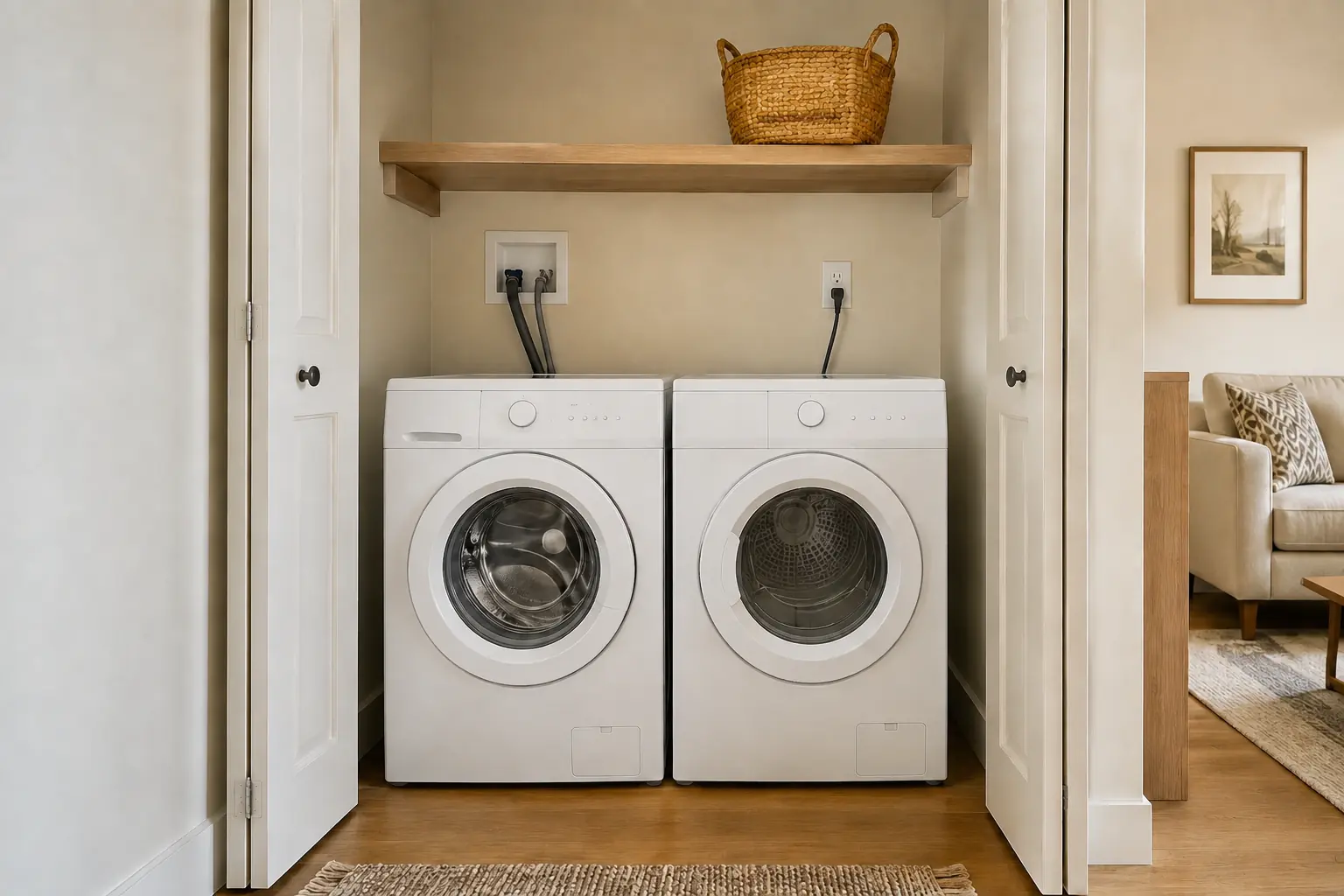 Compact washer and dryer installed side by side in a small apartment laundry closet