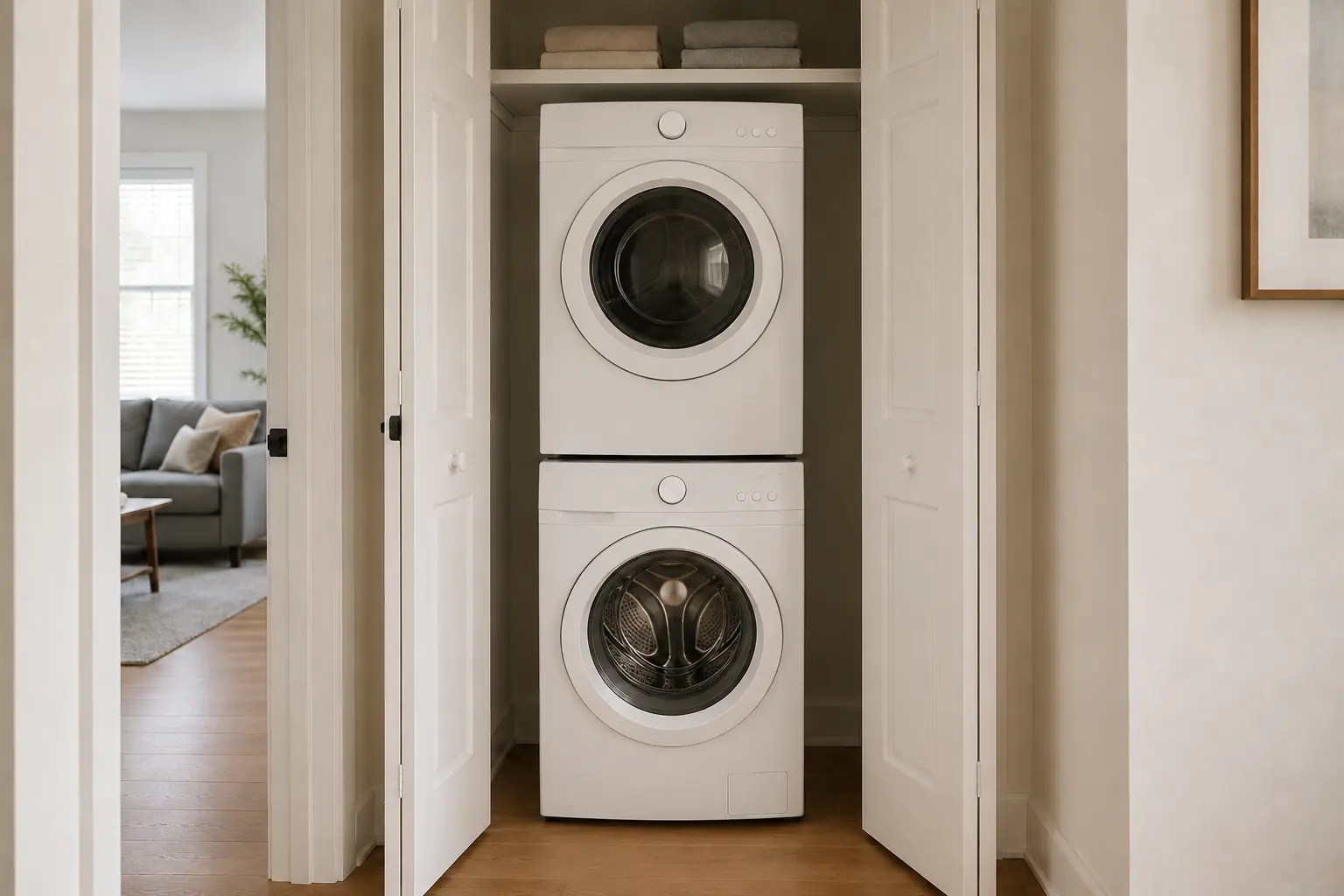 Compact washer and dryer stacked vertically inside a narrow apartment laundry closet