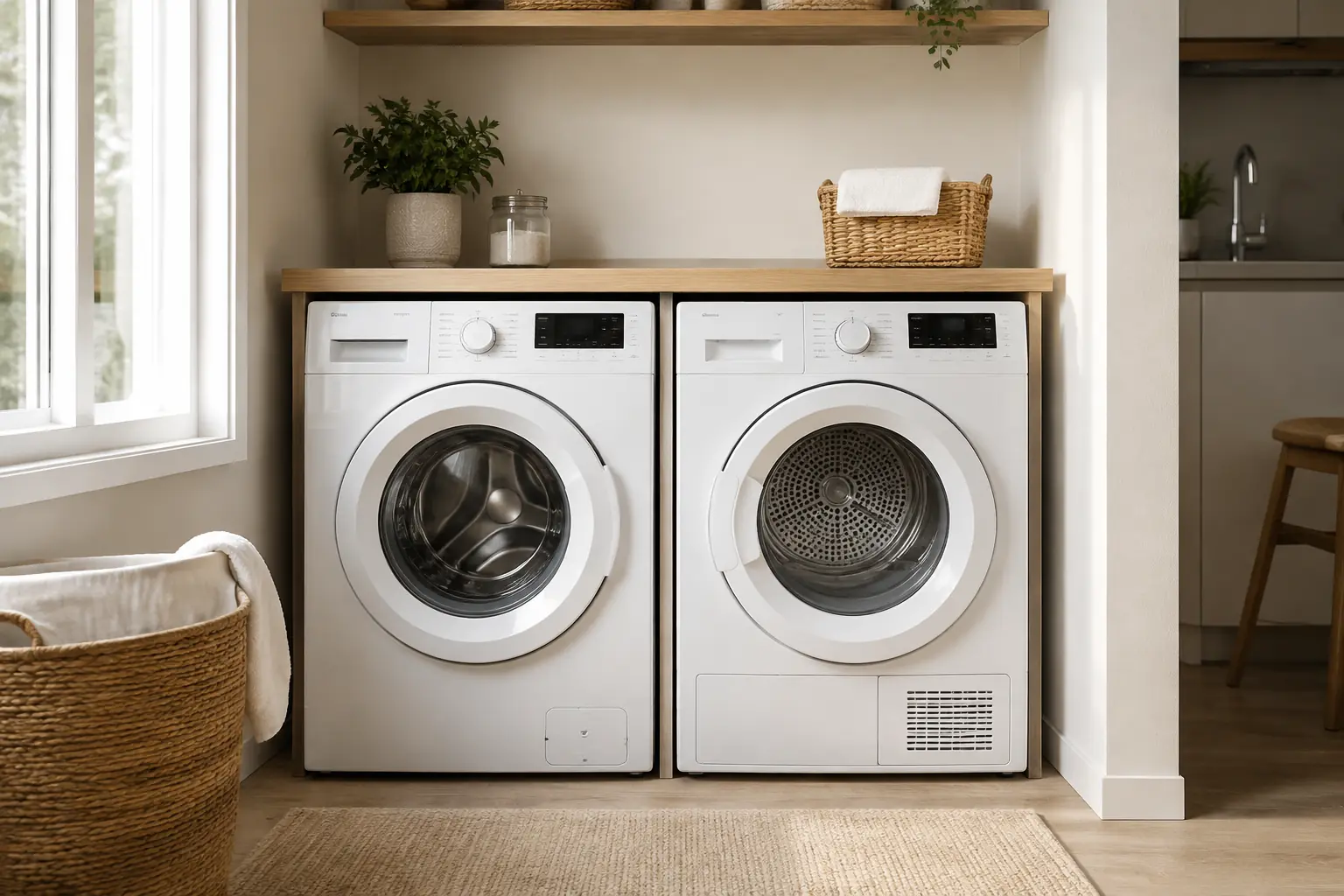 Compact washer and dryer installed side by side in a small laundry space