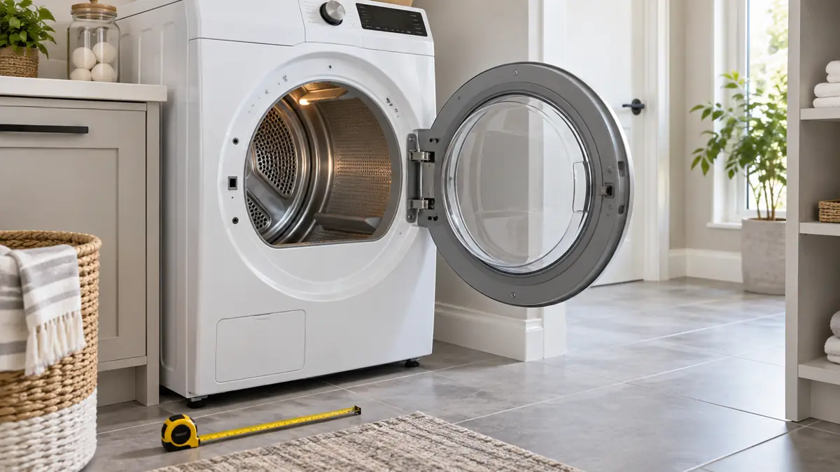 Open front-load dryer door showing the space needed in front of the appliance for loading and fit planning.
