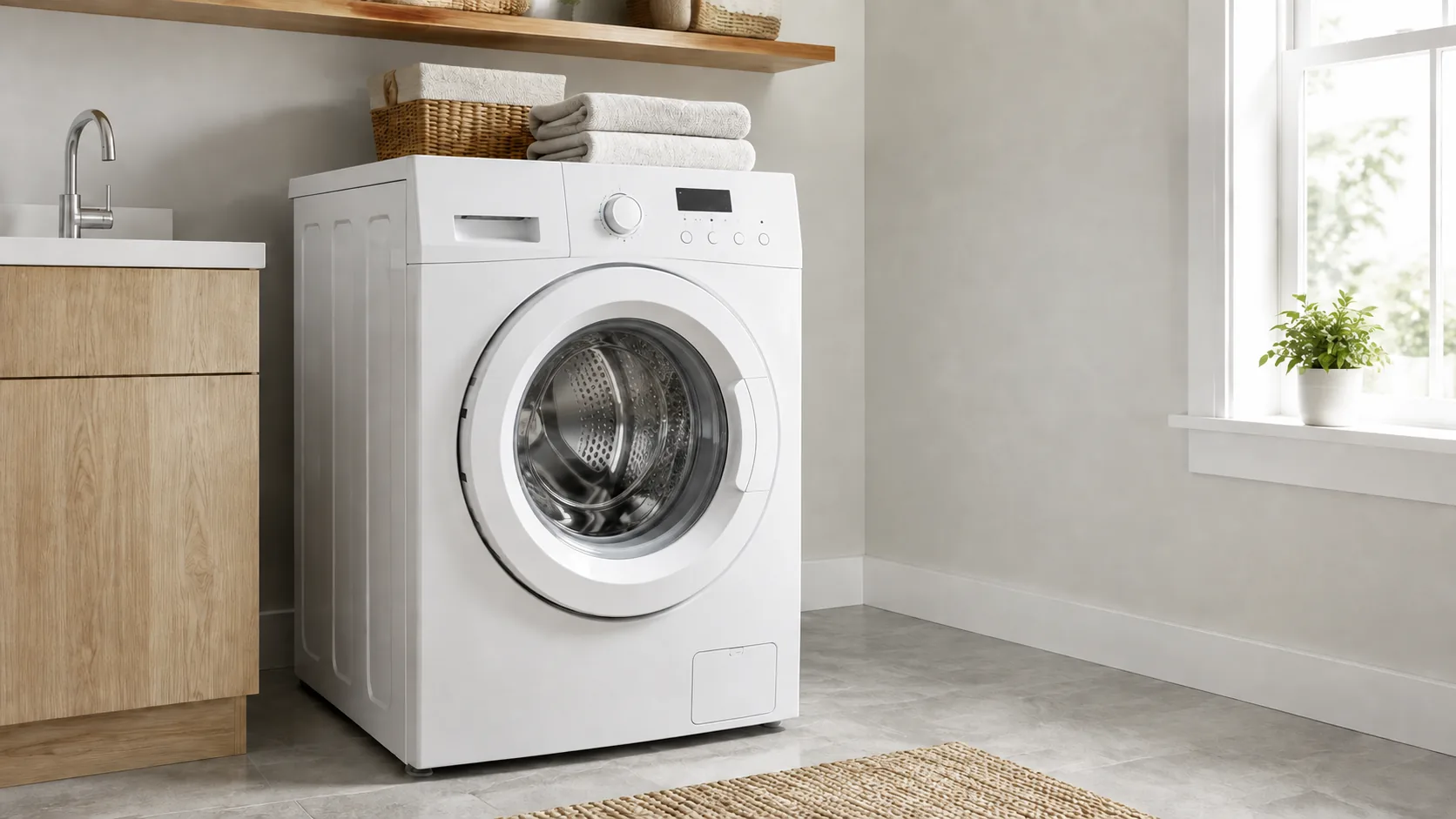 White front load washer installed in a modern laundry room