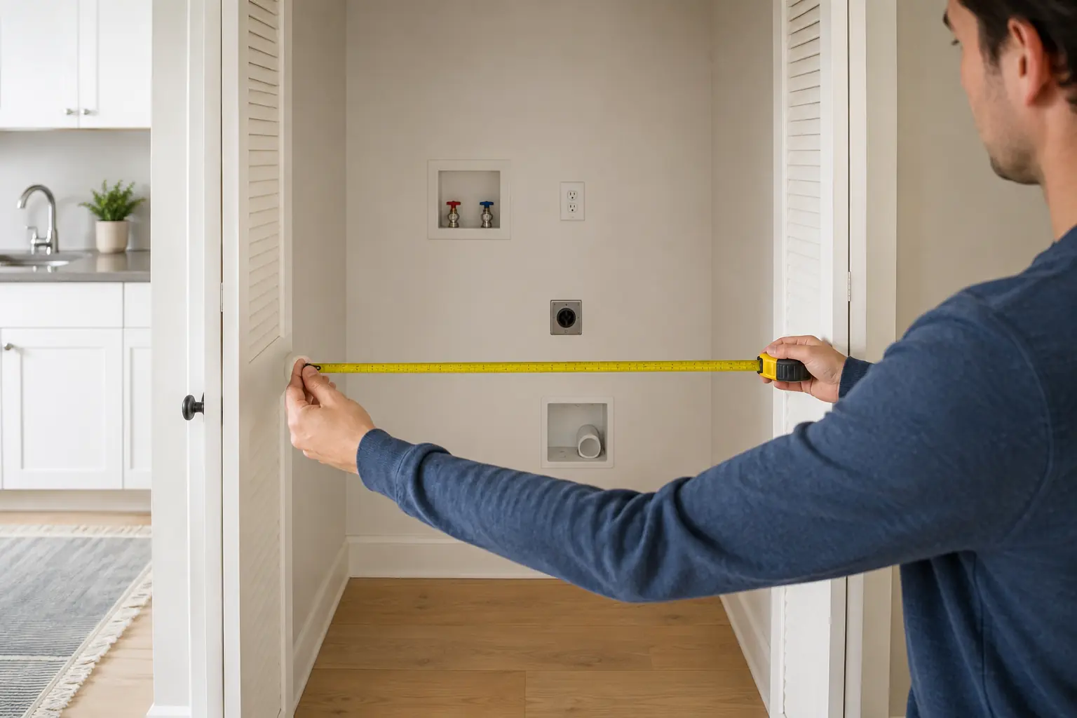 Person measuring the width of an empty apartment laundry closet before installing appliances