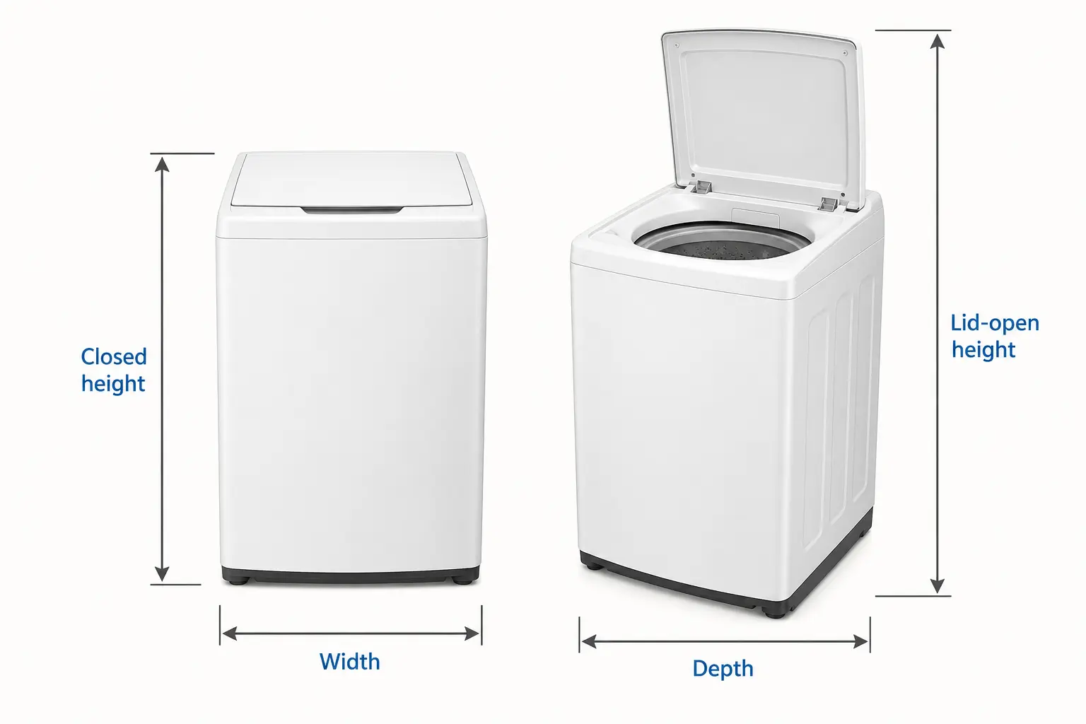 Diagram showing width, closed height, depth, and lid-open height of a top load washer