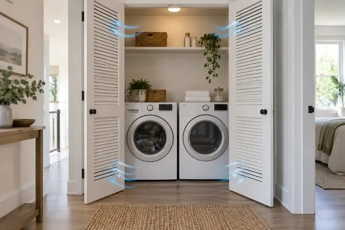 Laundry closet with louvered doors showing airflow around a washer and dryer