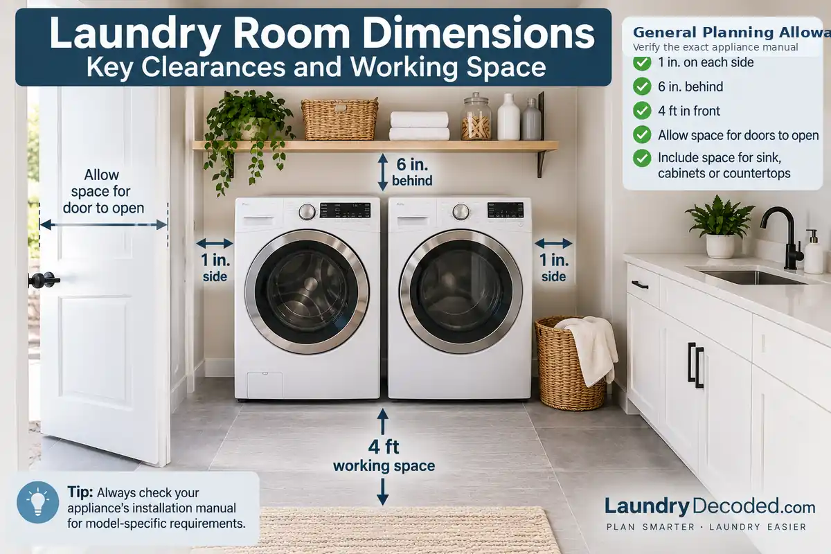 Laundry room planning diagram showing side spacing, rear connection space, front working space, and door-opening clearance