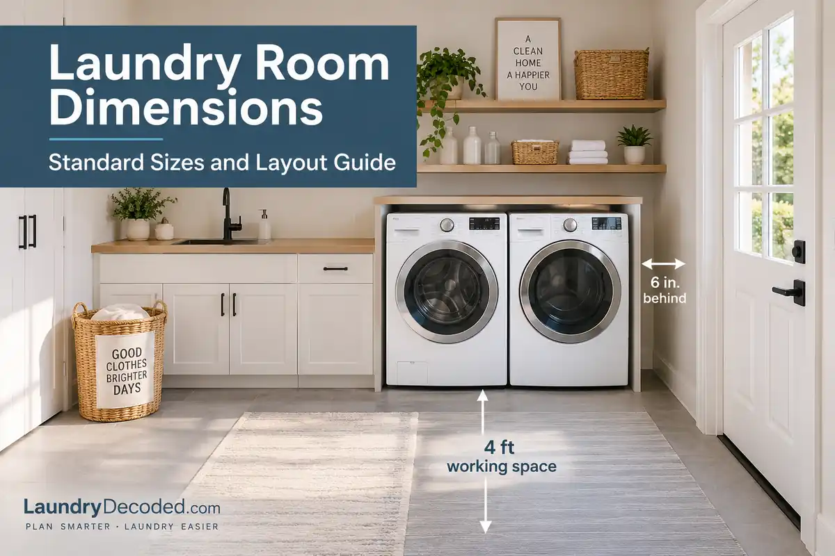 Modern laundry room showing side-by-side washer and dryer with working space and rear clearance planning