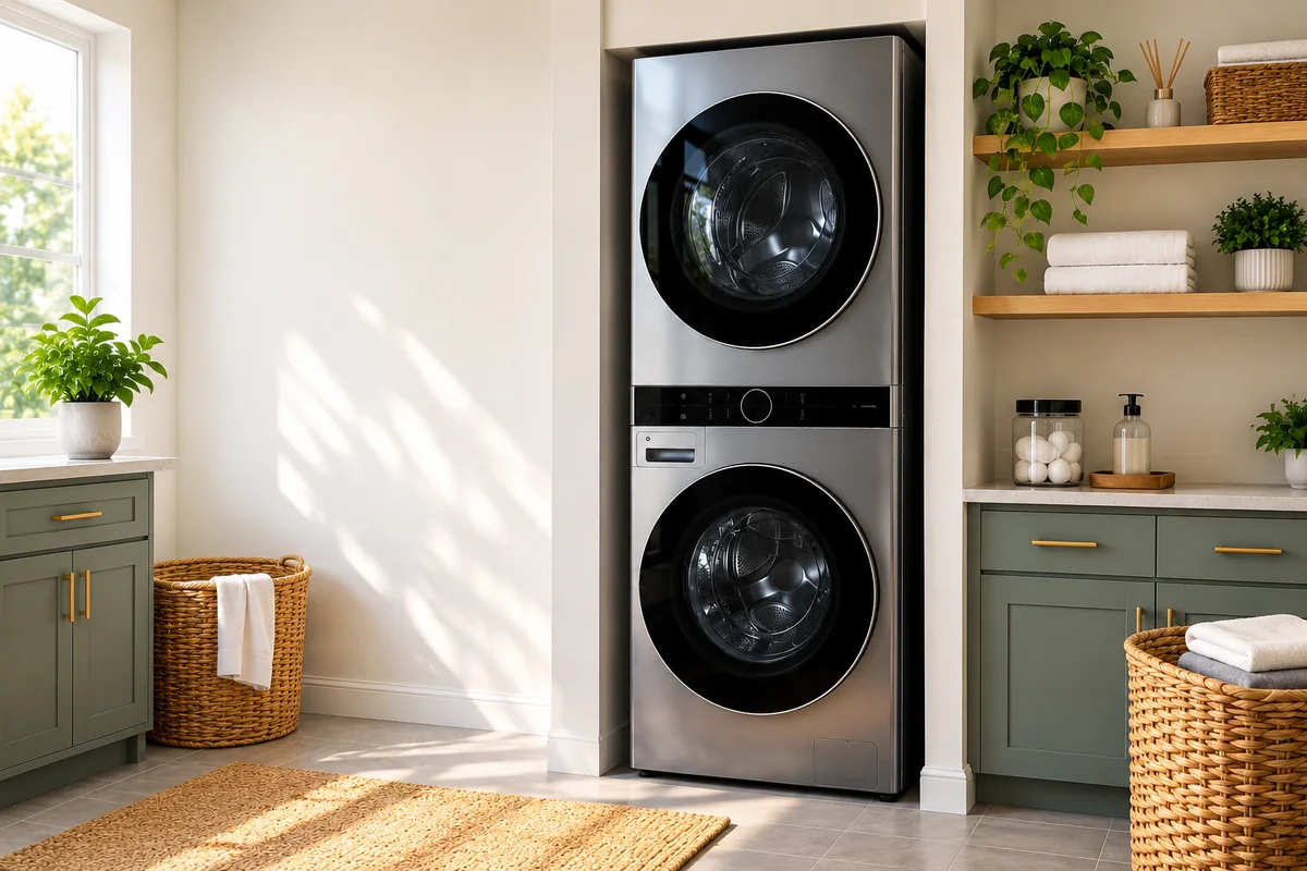 Modern integrated laundry tower in a bright laundry room