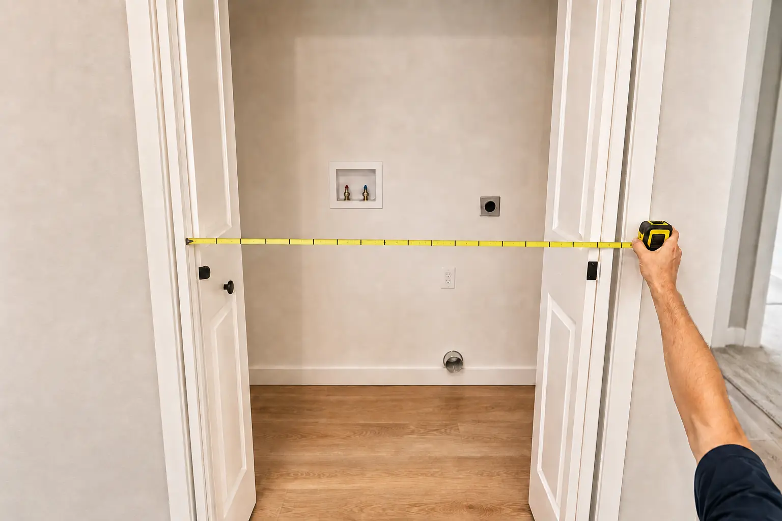 Tape measure spanning the clear doorway width of an empty washer and dryer closet