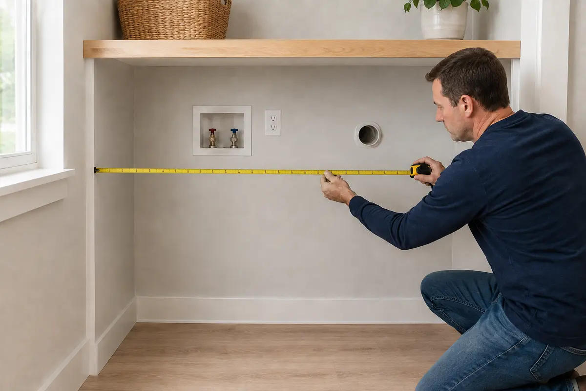 Homeowner measuring the width of an empty laundry space before installing a washer and dryer