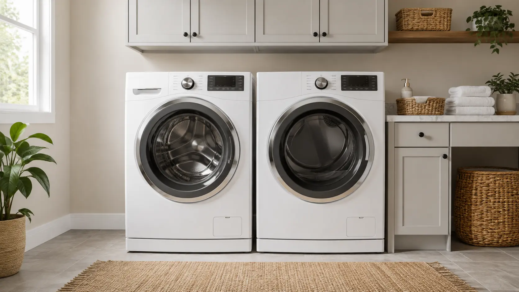 Side-by-side washer and dryer dimensions in a modern laundry room
