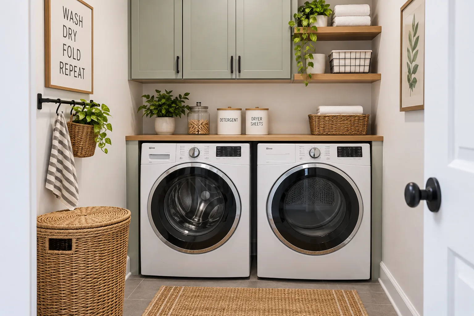 Small laundry room with side-by-side front-load washer and dryer, cabinets, shelves, baskets, and folding space.