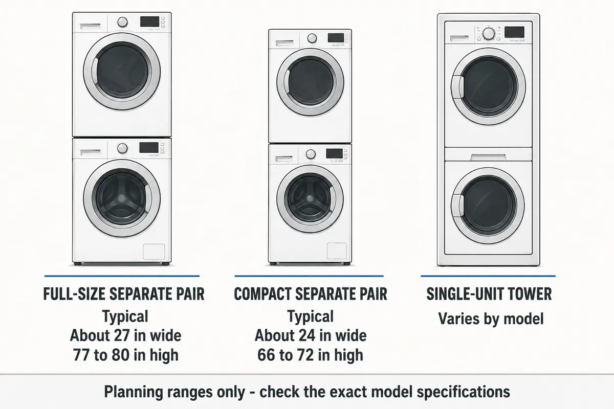 Comparison of full-size, compact, and single-unit stacked laundry configurations