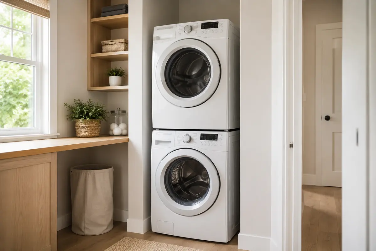 Front-load washer and dryer installed in a stacked configuration