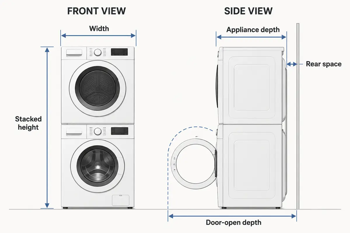 Diagram showing width, height, depth, rear space, and door-open depth for a stacked washer and dryer