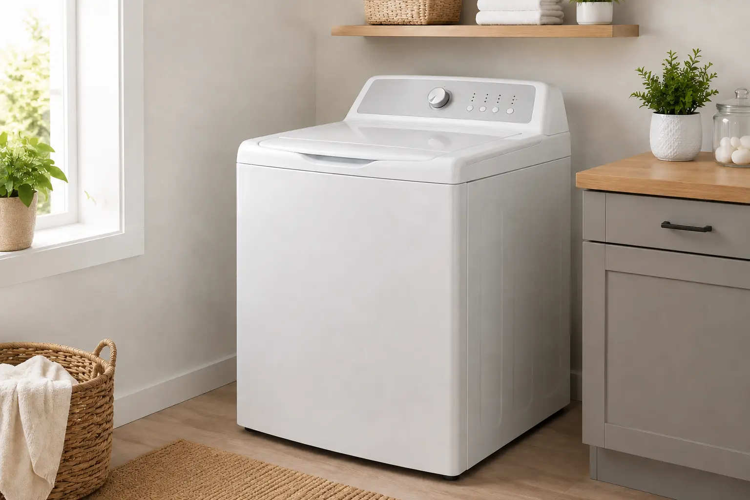 White top load washer installed in a bright laundry room