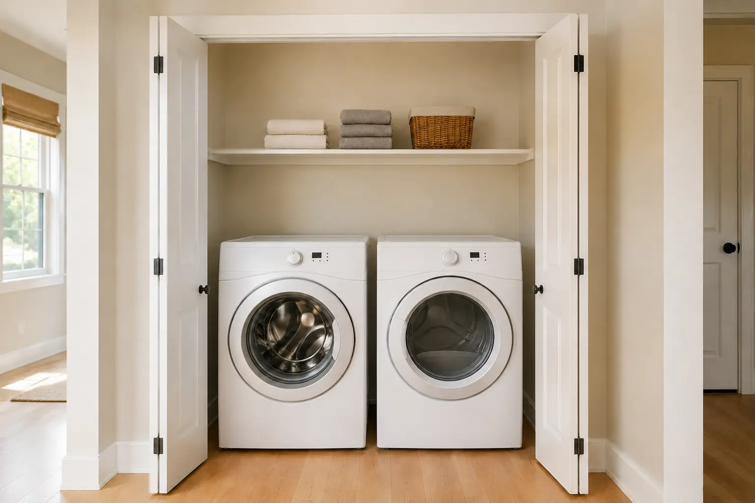 Side-by-side washer and dryer installed inside an open laundry closet