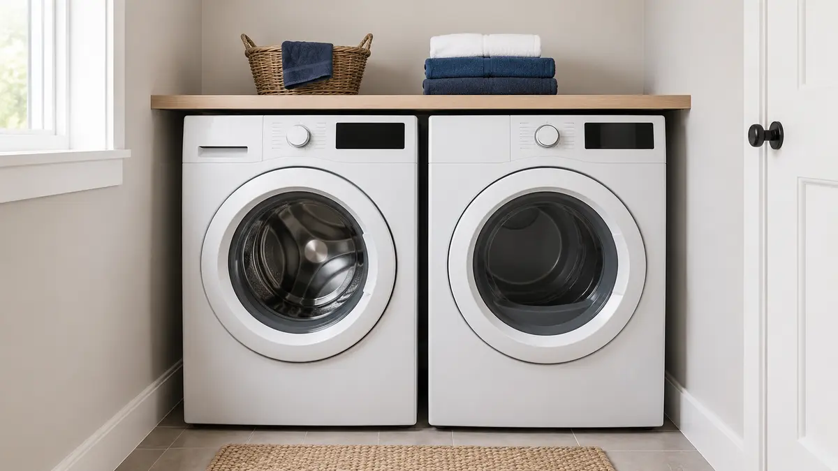 Front-load washer and dryer installed side by side in a laundry room