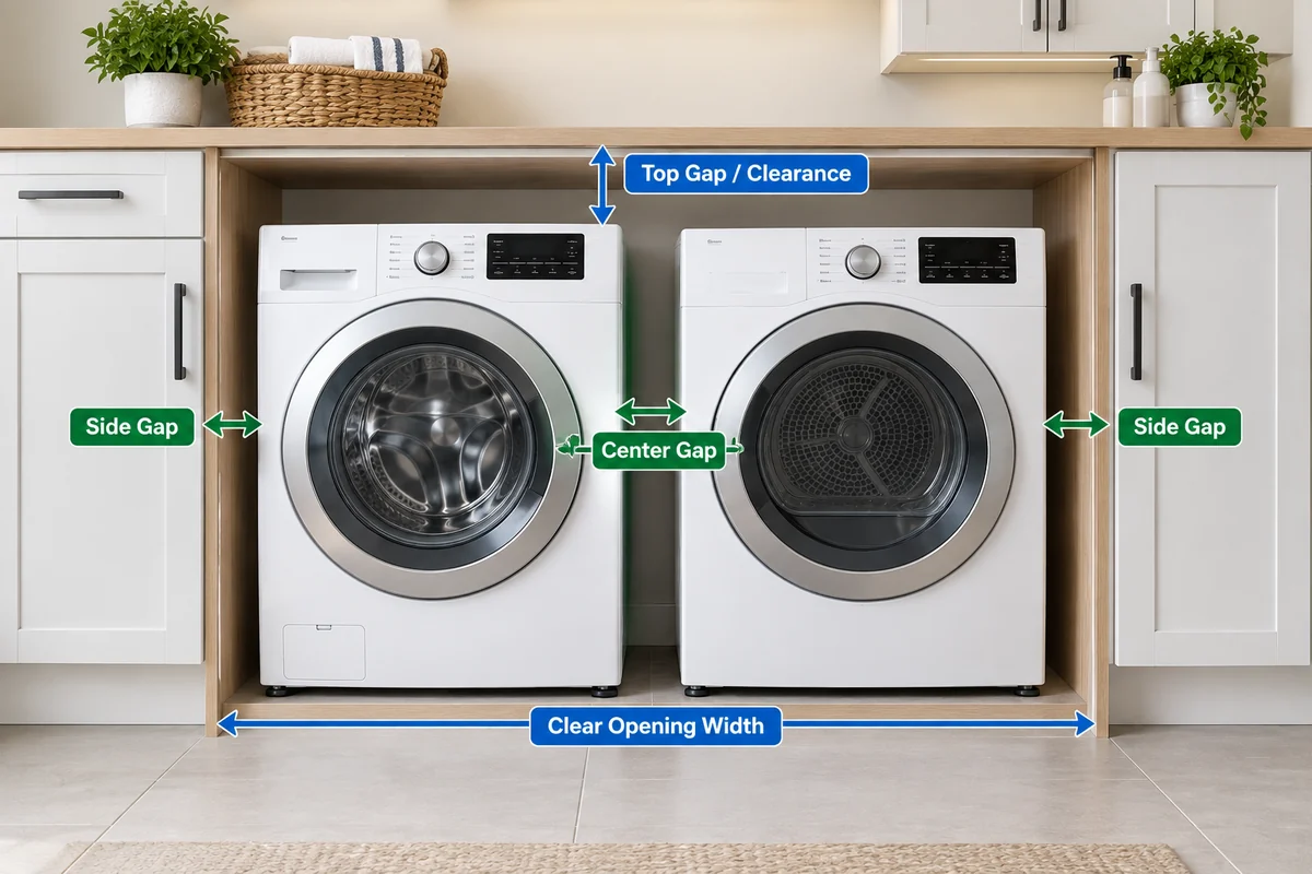 Front-view diagram of a side-by-side washer and dryer showing cabinet clear opening width, side gaps, center gap, and top clearance.