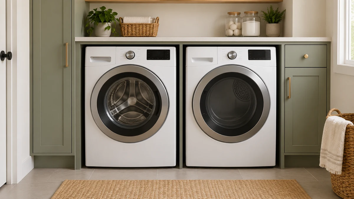 Side-by-side front-load washer and dryer fitted inside a built-in laundry cabinet with visible side and center clearances
