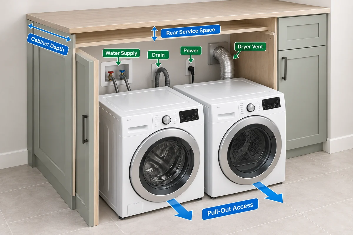Cutaway laundry cabinet diagram showing rear service space, water supply, drain, power, dryer vent, cabinet depth, and pull-out access for a side-by-side washer and dryer.