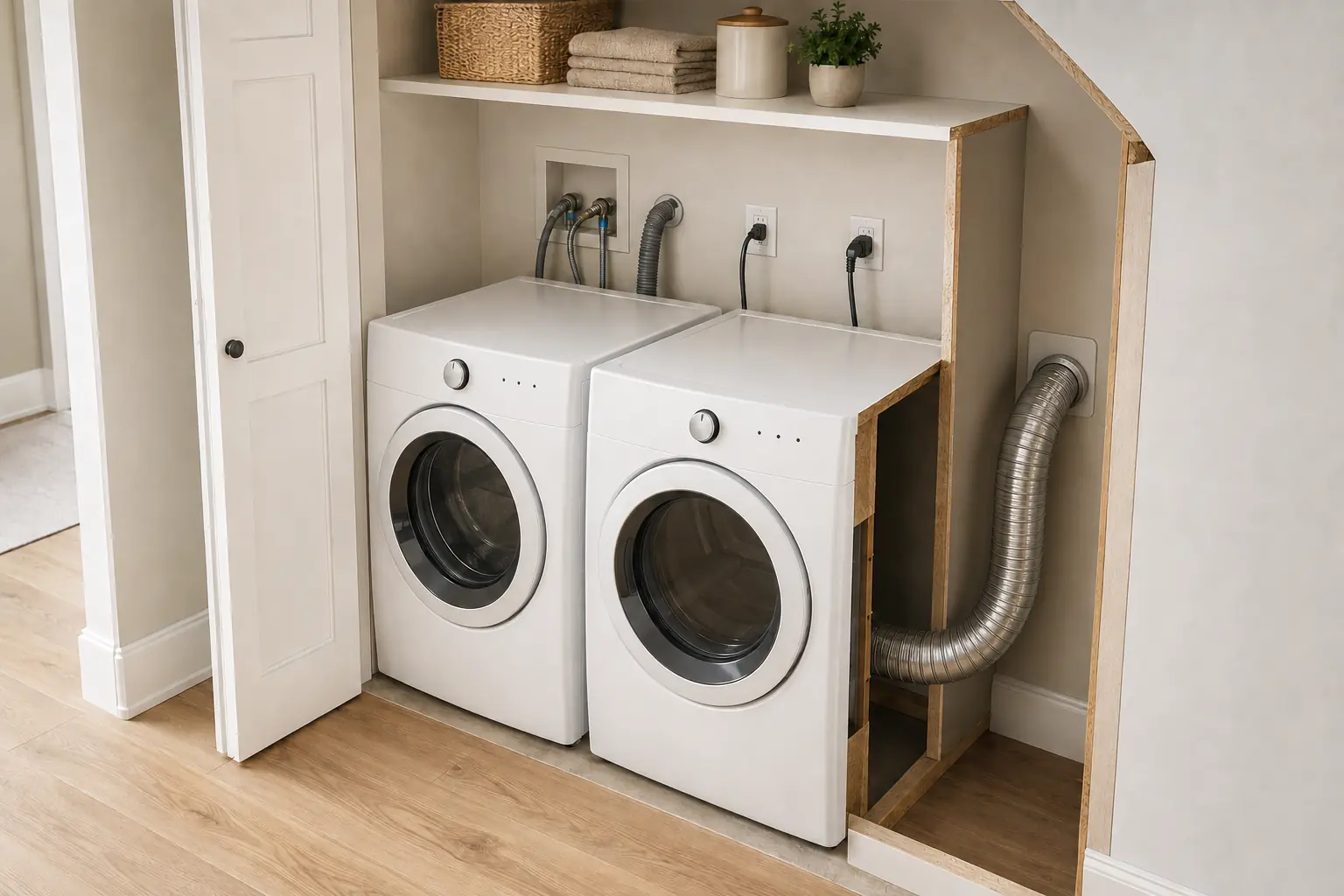 Cutaway view showing washer and dryer connections occupying space behind the appliances