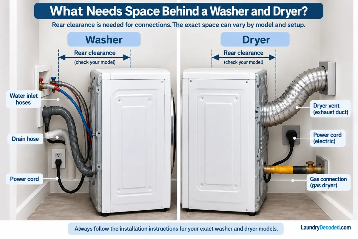 Rear view of a washer and dryer showing water hoses, drain hose, power connections, dryer vent, and gas connection that need clearance from the wall.