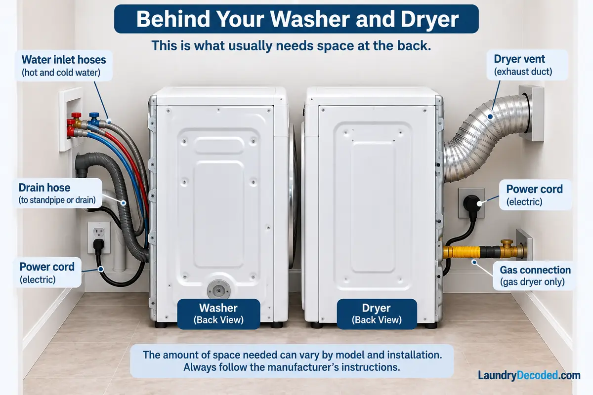 Rear view of a washer and dryer showing water inlet hoses, drain hose, power cords, dryer vent, and gas connection that need space behind the appliances.