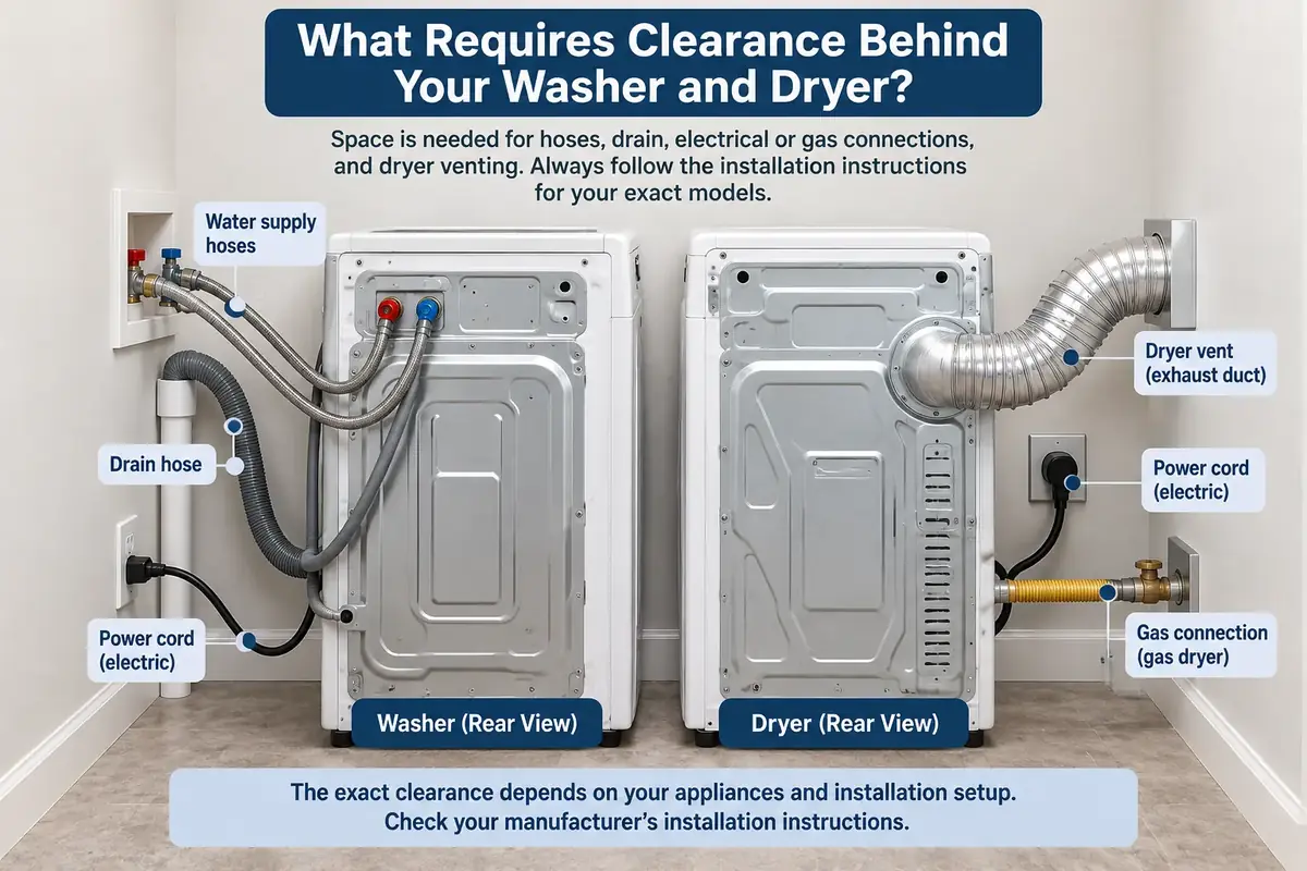 Rear view of a washer and dryer showing water hoses, drain hose, power connections, dryer vent, and gas connection that require clearance from the wall.
